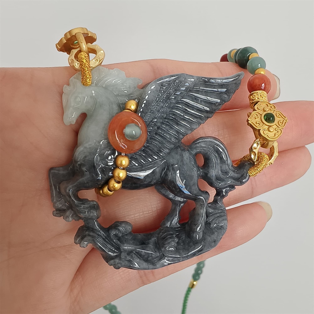 DDP 49mm Natural Type A Untreated Black Chicken Species Burmese Jadeite Horse Pendant
