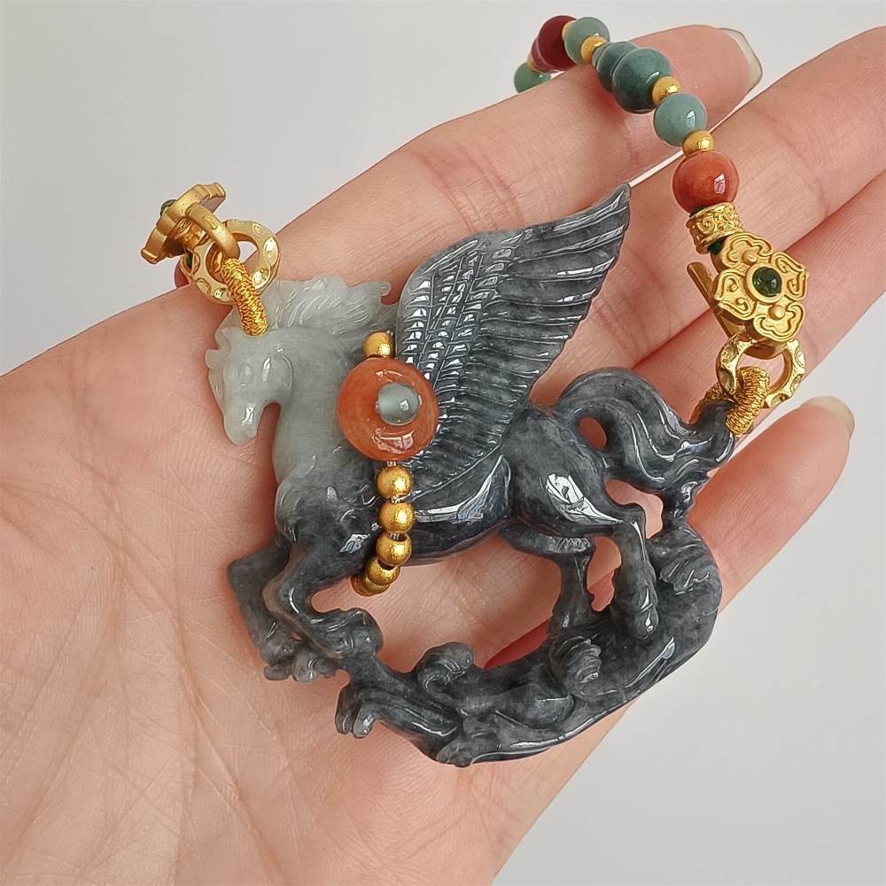 DDP 49mm Natural Type A Untreated Black Chicken Species Burmese Jadeite Horse Pendant