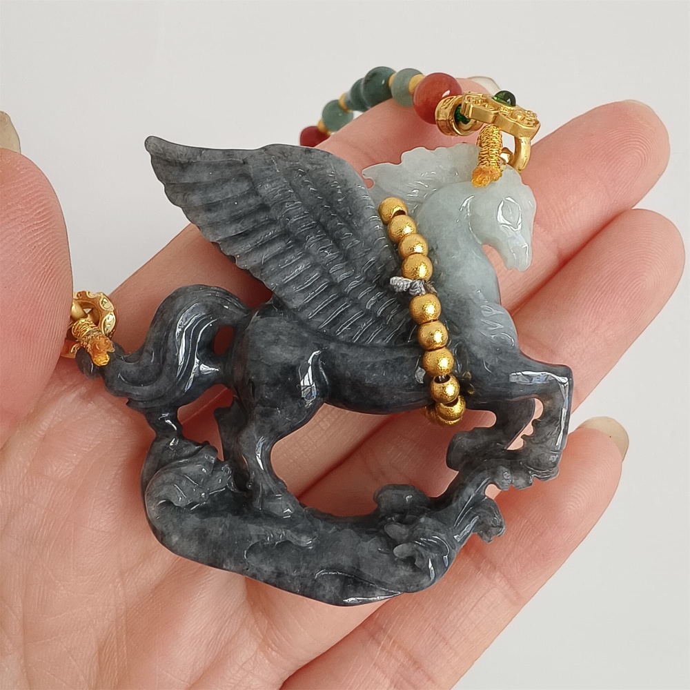 DDP 49mm Natural Type A Untreated Black Chicken Species Burmese Jadeite Horse Pendant