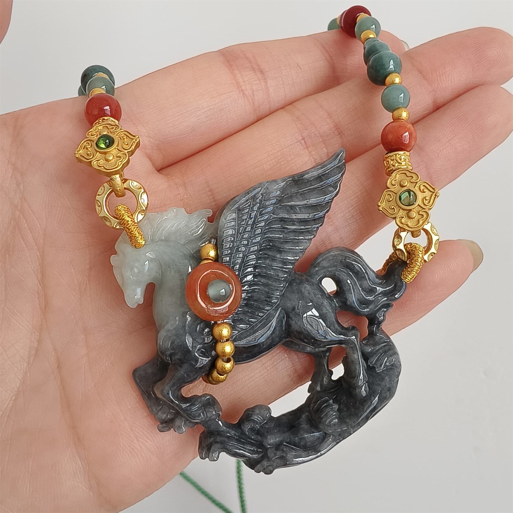 DDP 49mm Natural Type A Untreated Black Chicken Species Burmese Jadeite Horse Pendant
