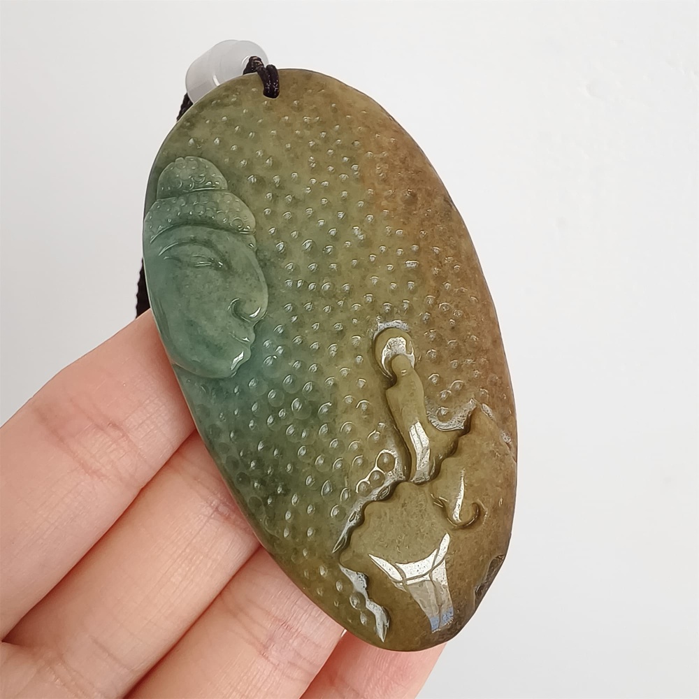 DDP 67.5mm Natural Certificated Yellow Green Burmese Jadeite Buddha And 悟道Pendant