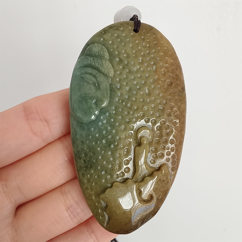 DDP 67.5mm Natural Certificated Yellow Green Burmese Jadeite Buddha And 悟道Pendant