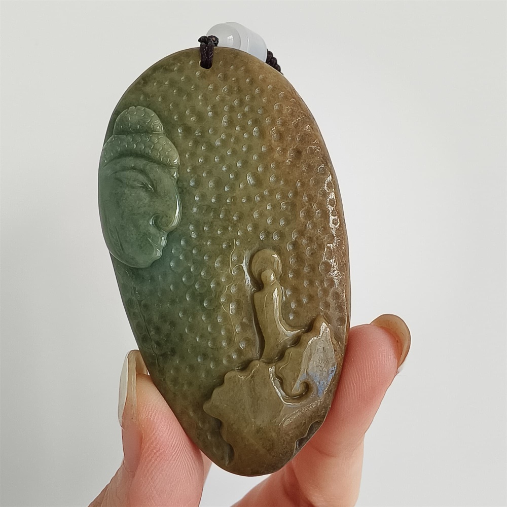 DDP 67.5mm Natural Certificated Yellow Green Burmese Jadeite Buddha And 悟道Pendant