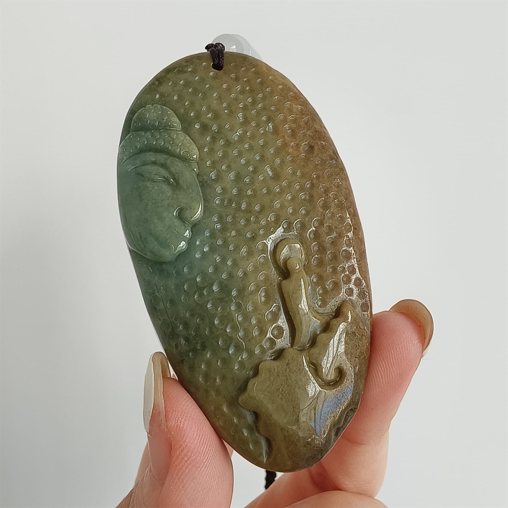 DDP 67.5mm Natural Certificated Yellow Green Burmese Jadeite Buddha And 悟道Pendant