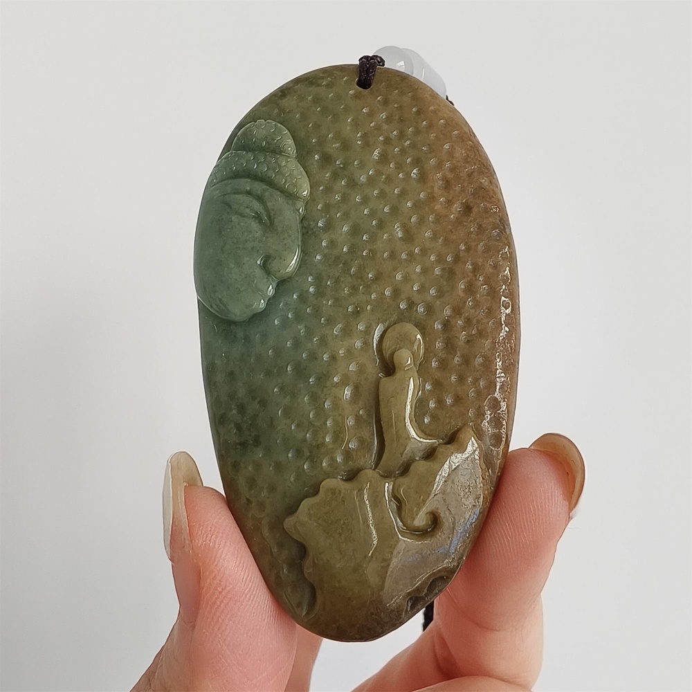 DDP 67.5mm Natural Certificated Yellow Green Burmese Jadeite Buddha And 悟道Pendant