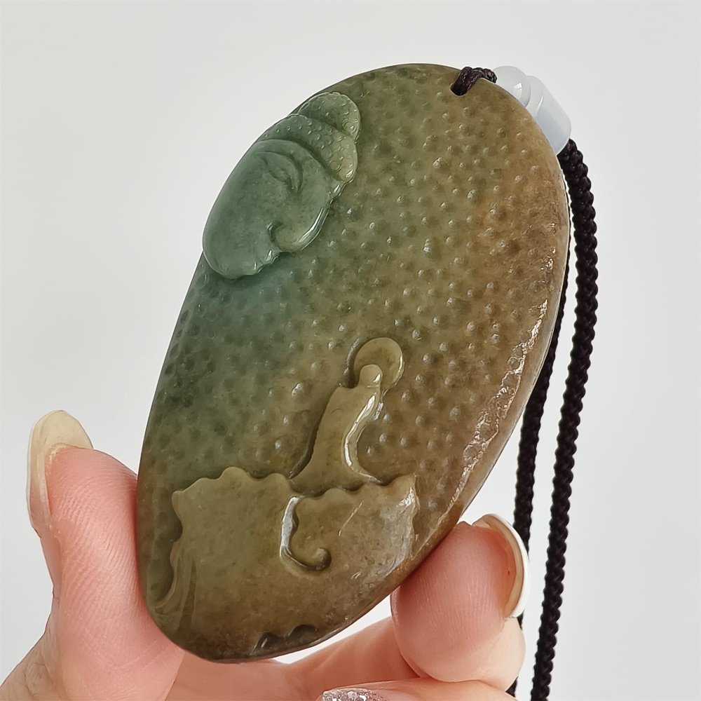 DDP 67.5mm Natural Certificated Yellow Green Burmese Jadeite Buddha And 悟道Pendant