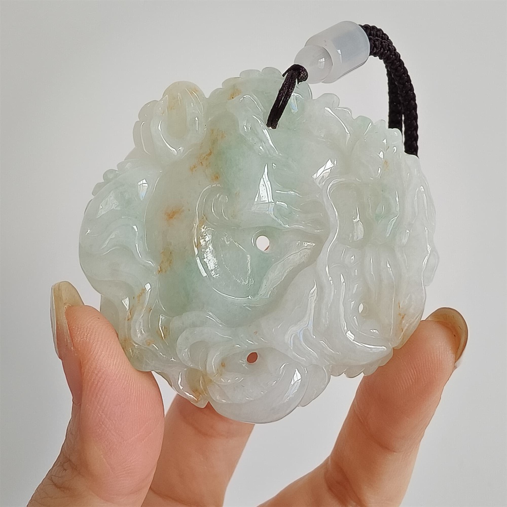 DDP 56mm Natural Certificated Type A Icy Green Yellow Burmese Jadeite Dragon Pendant
