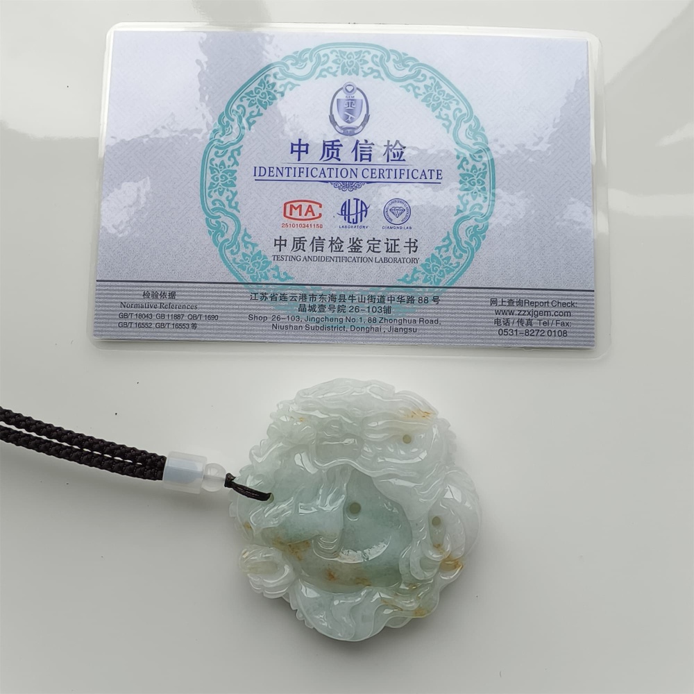 DDP 56mm Natural Certificated Type A Icy Green Yellow Burmese Jadeite Dragon Pendant