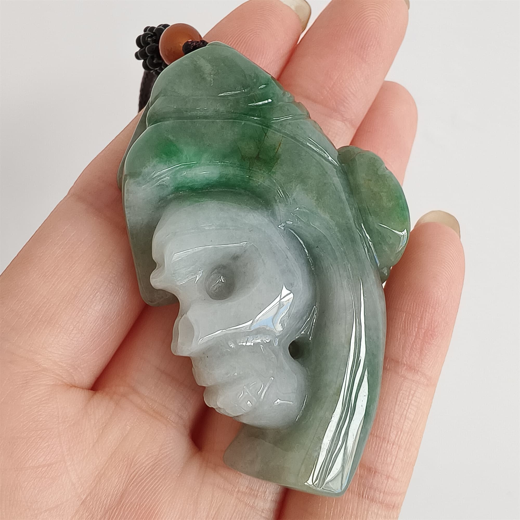 DDP 57mm Natural Certificated Type A Icy Green White Burmese Jadeite Skull Pendant