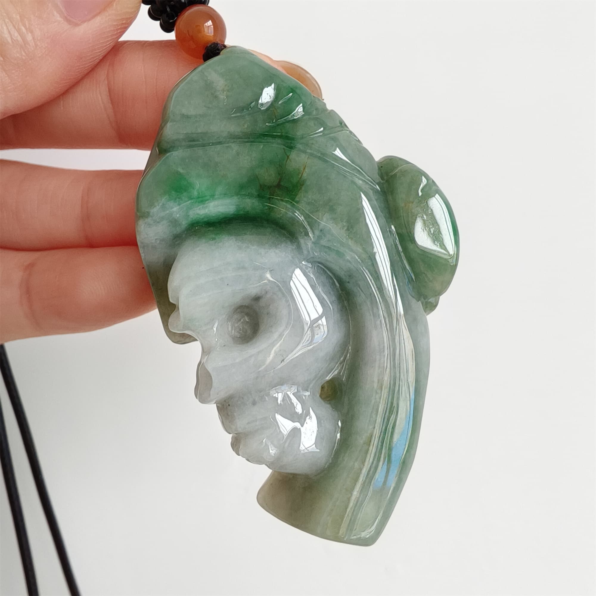 DDP 57mm Natural Certificated Type A Icy Green White Burmese Jadeite Skull Pendant