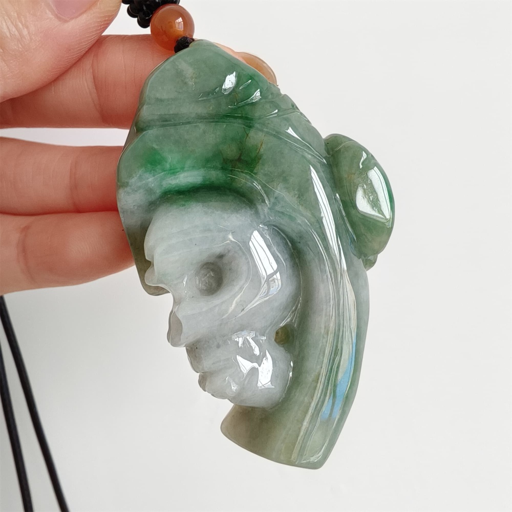DDP 57mm Natural Certificated Type A Icy Green White Burmese Jadeite Skull Pendant