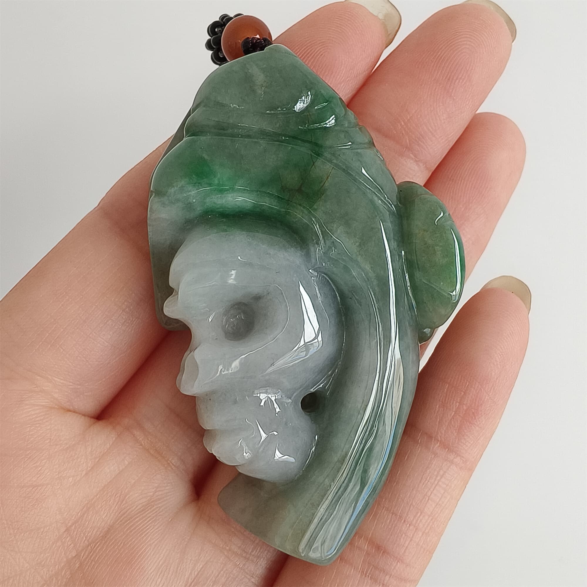 DDP 57mm Natural Certificated Type A Icy Green White Burmese Jadeite Skull Pendant