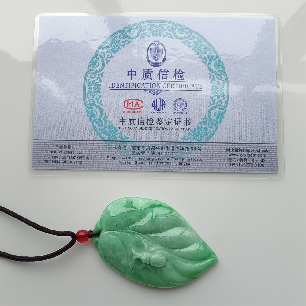 DDP 58mm Natural Certificated Type A Green Burmese Jadeite Leaf Pendant With Spider Carved