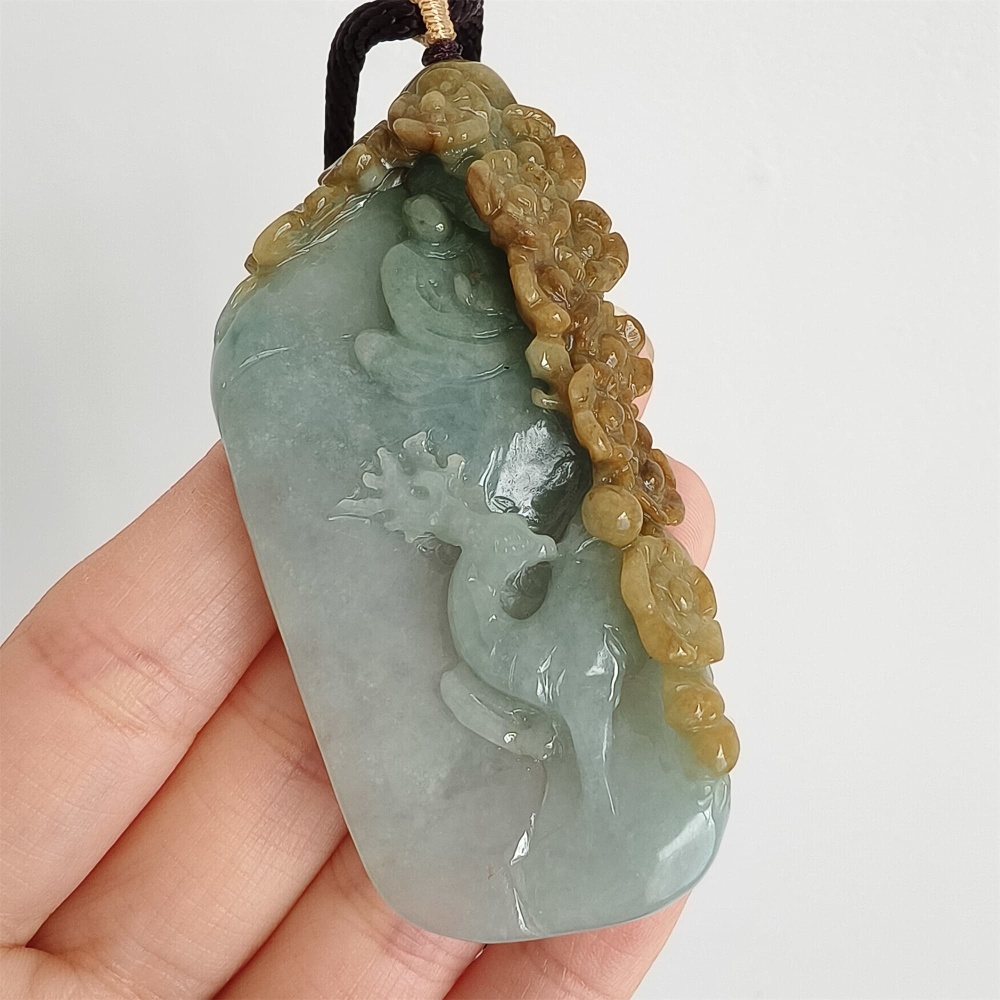 DDP 72mm Natural Certificated Yellow Green Burmese Jadeite Irregular Pendant With Deer Flower And 悟道Carved