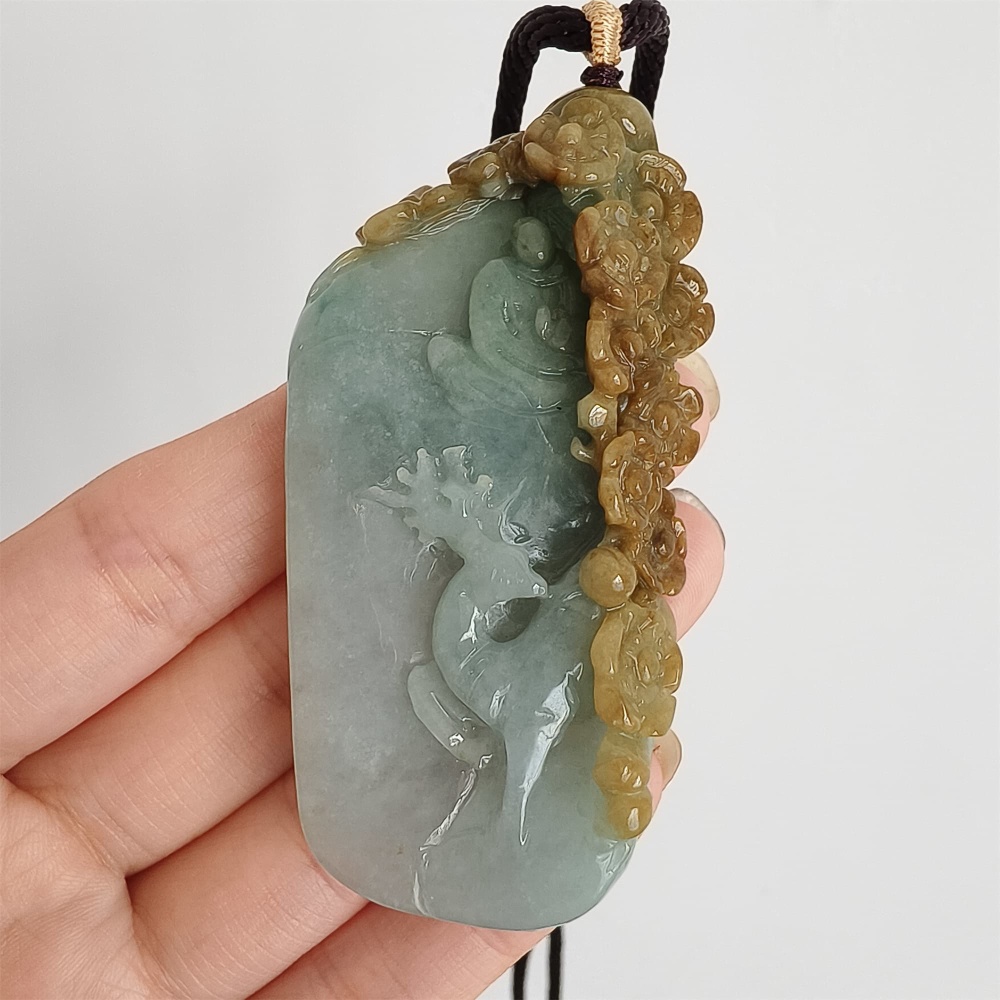 DDP 72mm Natural Certificated Yellow Green Burmese Jadeite Irregular Pendant With Deer Flower And 悟道Carved