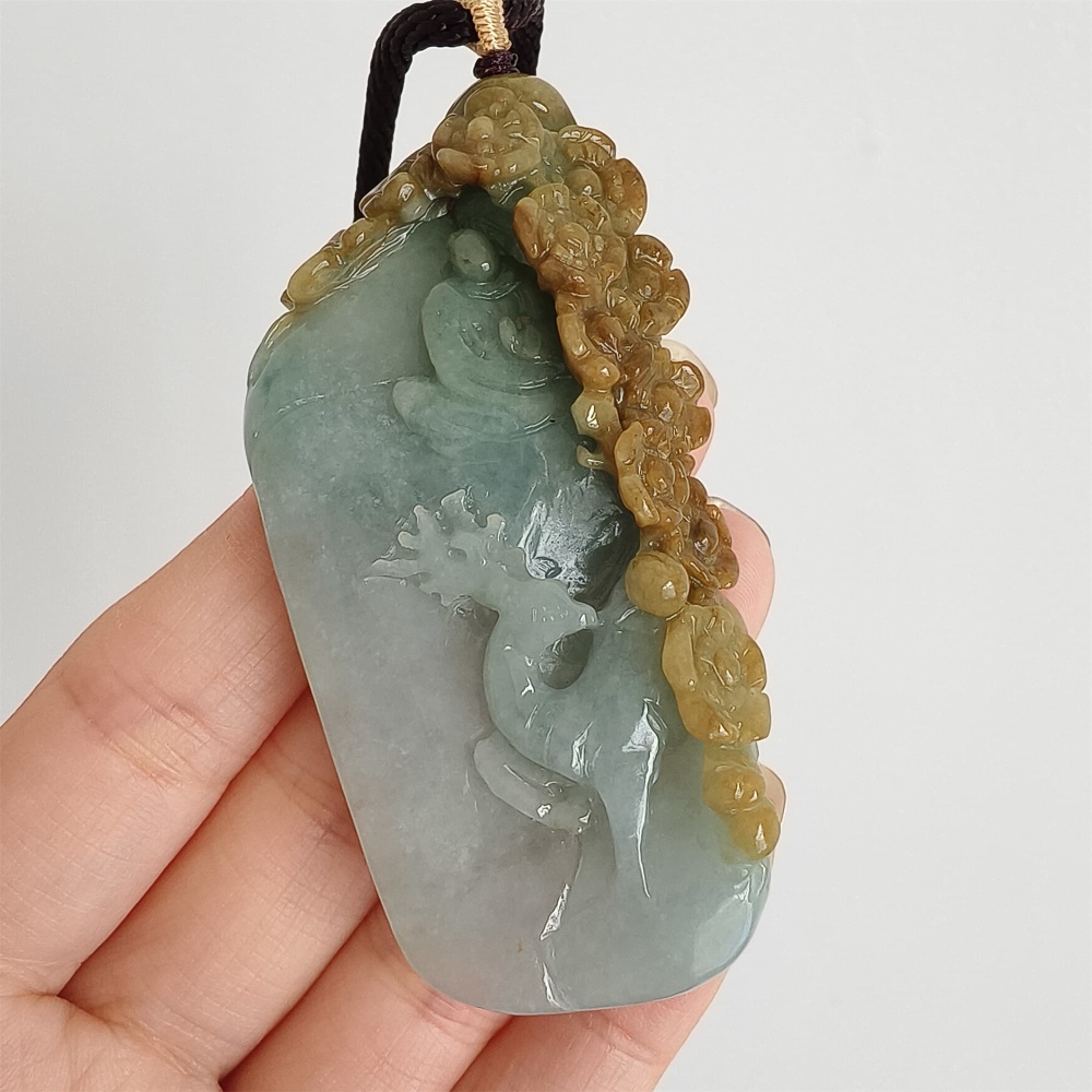 DDP 72mm Natural Certificated Yellow Green Burmese Jadeite Irregular Pendant With Deer Flower And 悟道Carved