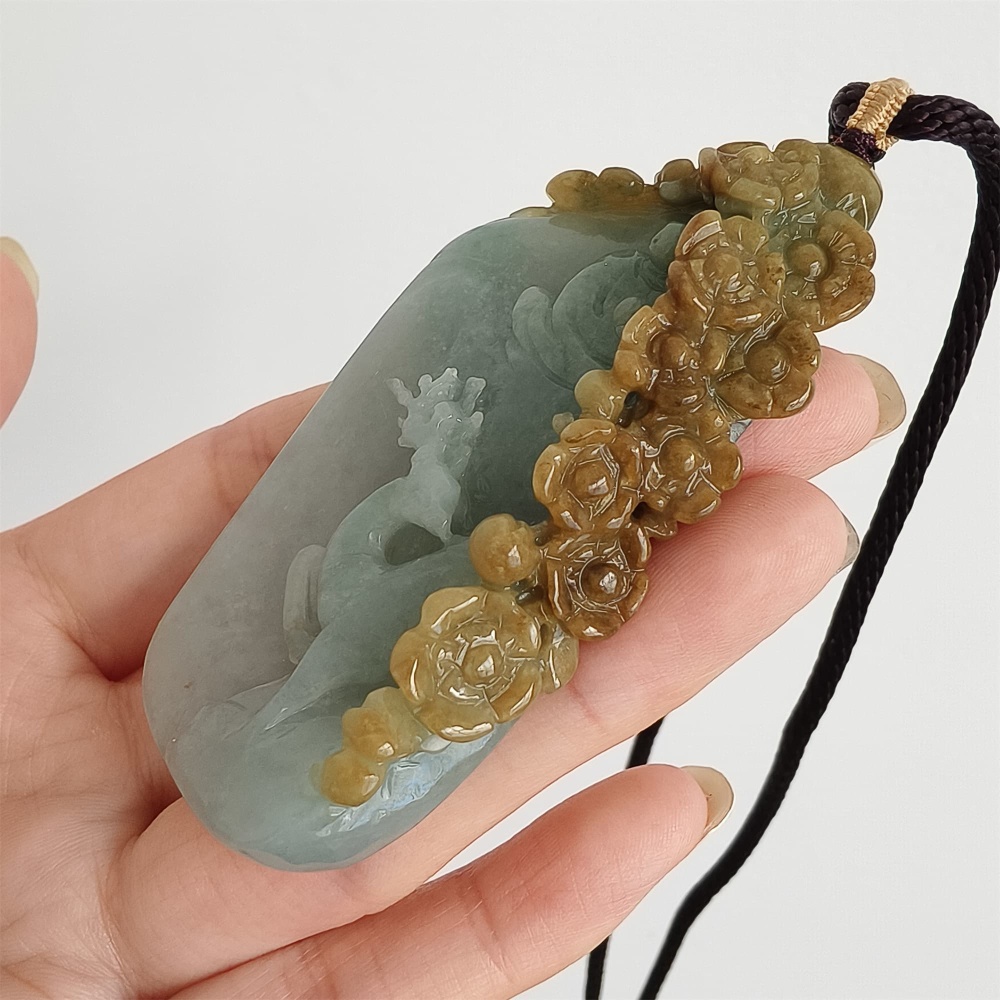 DDP 72mm Natural Certificated Yellow Green Burmese Jadeite Irregular Pendant With Deer Flower And 悟道Carved