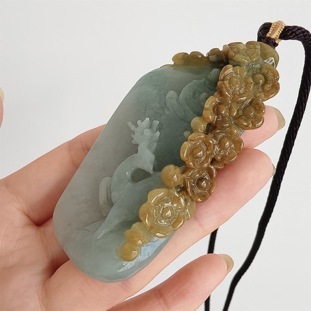 DDP 72mm Natural Certificated Yellow Green Burmese Jadeite Irregular Pendant With Deer Flower And 悟道Carved