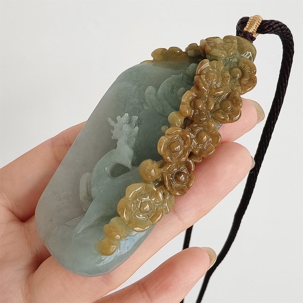 DDP 72mm Natural Certificated Yellow Green Burmese Jadeite Irregular Pendant With Deer Flower And 悟道Carved