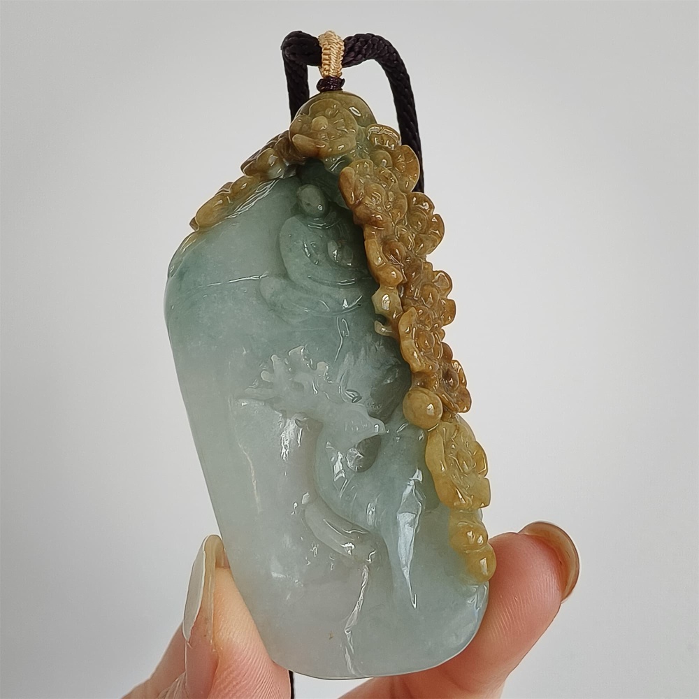 DDP 72mm Natural Certificated Yellow Green Burmese Jadeite Irregular Pendant With Deer Flower And 悟道Carved