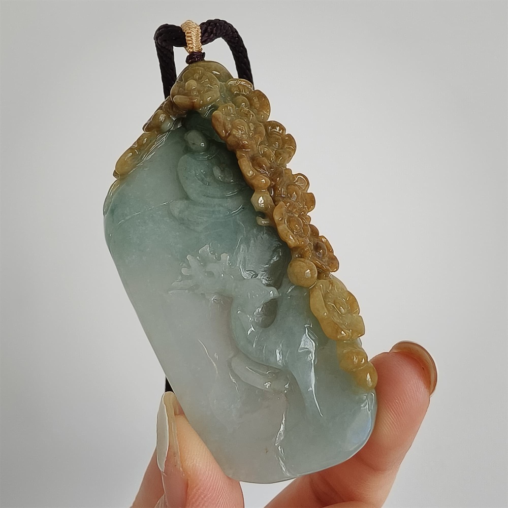 DDP 72mm Natural Certificated Yellow Green Burmese Jadeite Irregular Pendant With Deer Flower And 悟道Carved