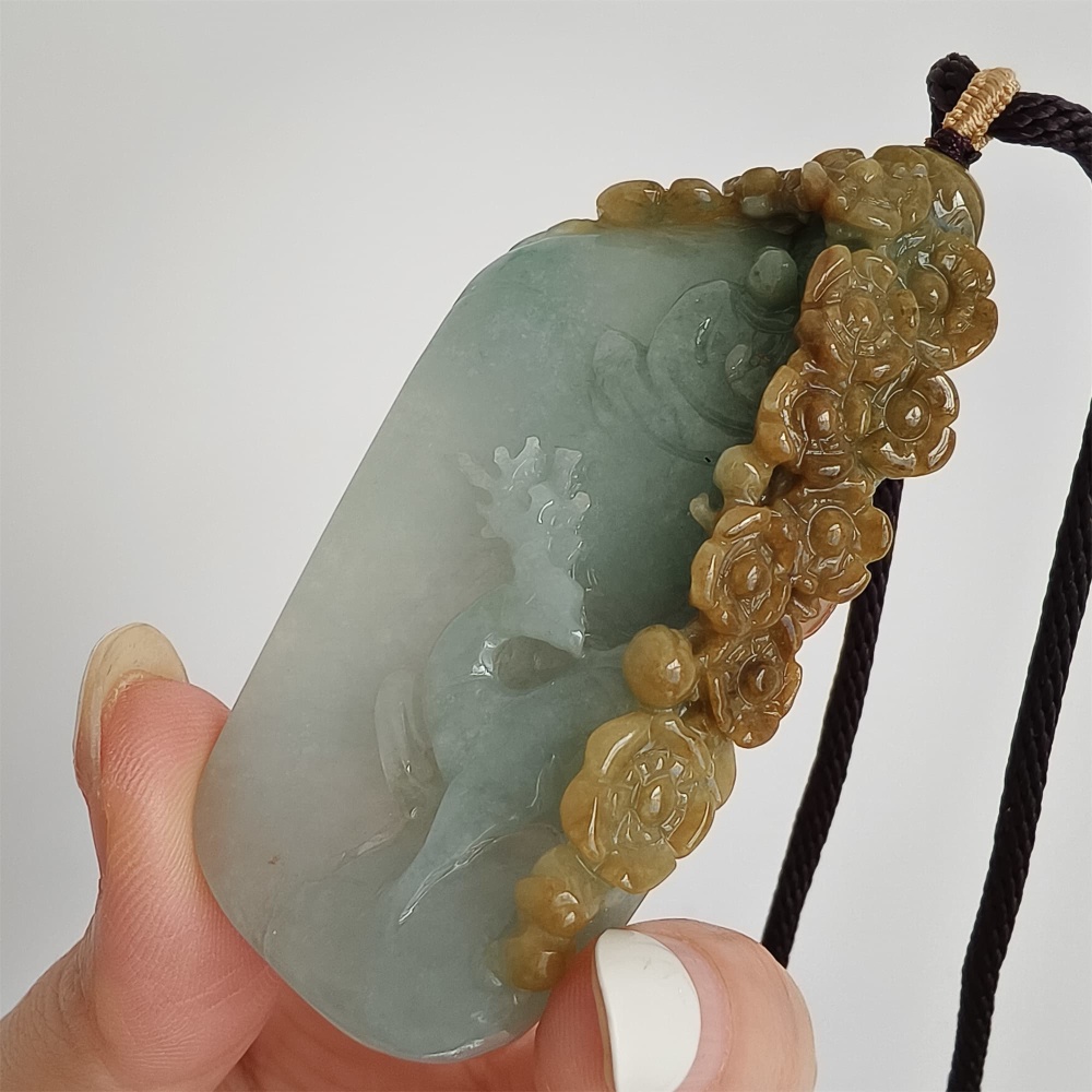 DDP 72mm Natural Certificated Yellow Green Burmese Jadeite Irregular Pendant With Deer Flower And 悟道Carved