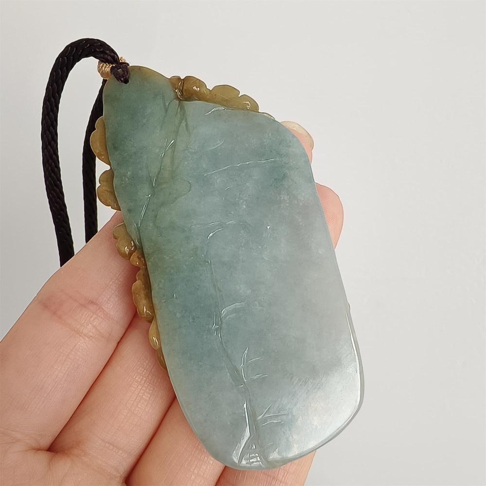 DDP 72mm Natural Certificated Yellow Green Burmese Jadeite Irregular Pendant With Deer Flower And 悟道Carved