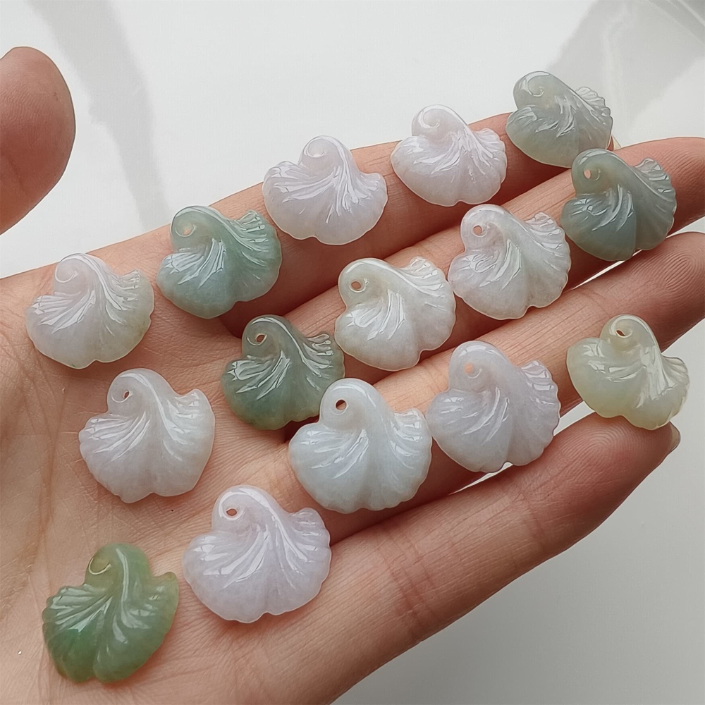 DDP 5pcs 15-16mm Natural Certificated Type A Green White Burmese Jadeite Ginkgo Leaf Beads