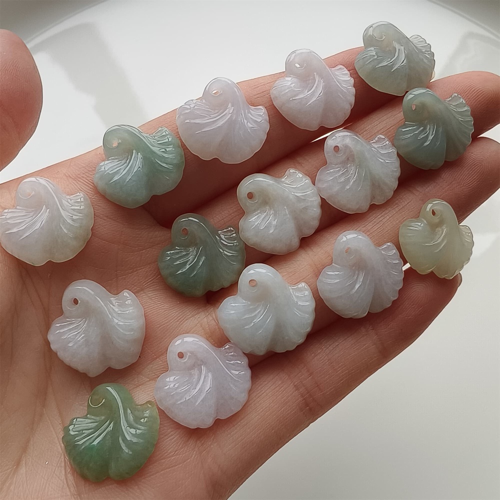 DDP 5pcs 15-16mm Natural Certificated Type A Green White Burmese Jadeite Ginkgo Leaf Beads
