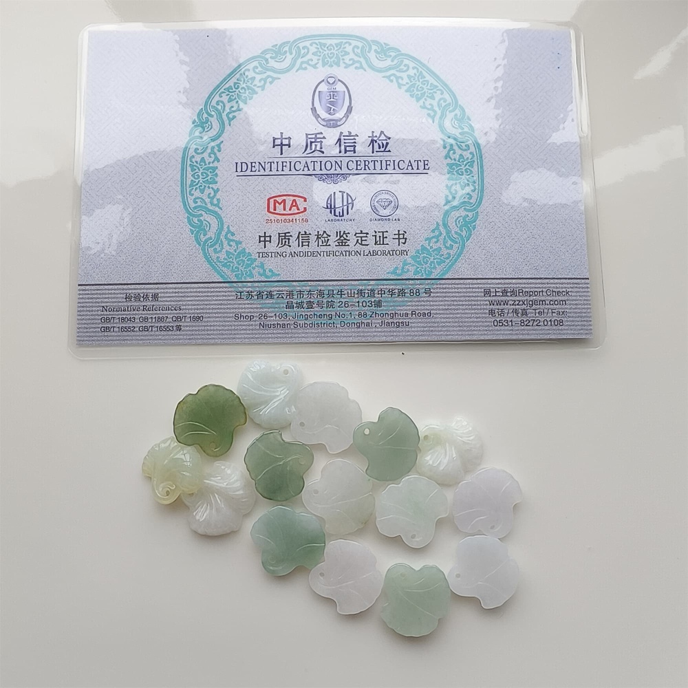 DDP 5pcs 15-16mm Natural Certificated Type A Green White Burmese Jadeite Ginkgo Leaf Beads