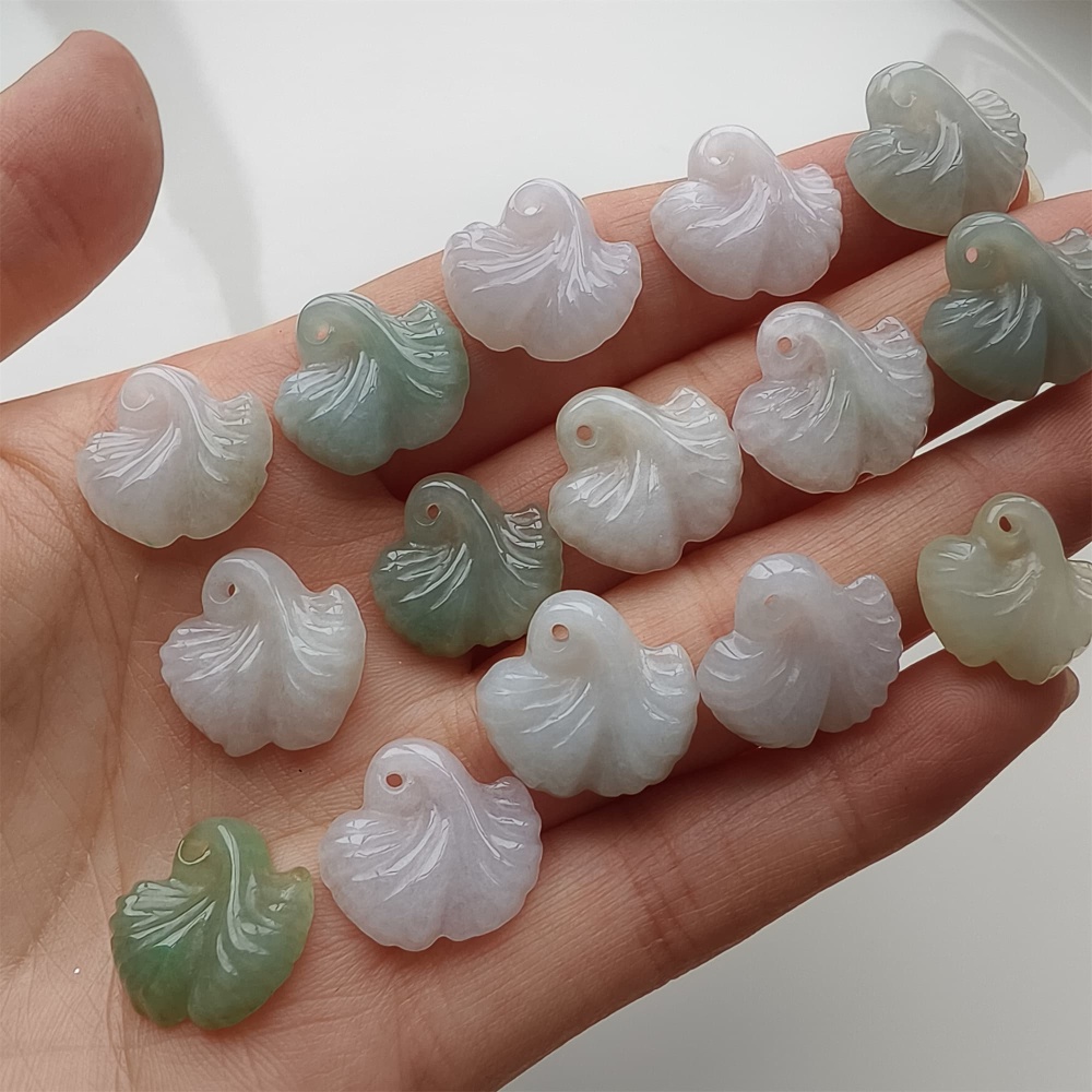 DDP 5pcs 15-16mm Natural Certificated Type A Green White Burmese Jadeite Ginkgo Leaf Beads