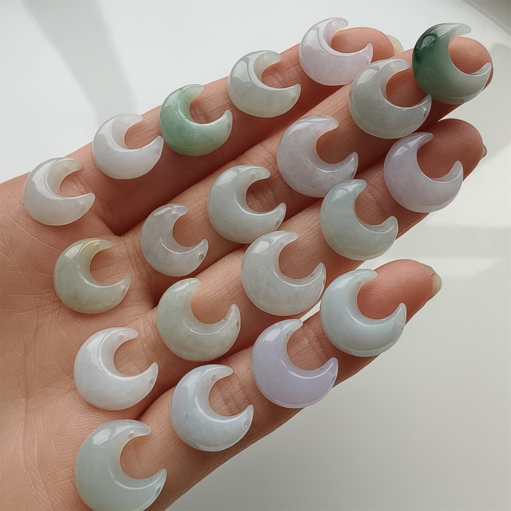 DDP 5pcs 13mm Natural Certificated Type A Green White Burmese Jadeite Moon Beads