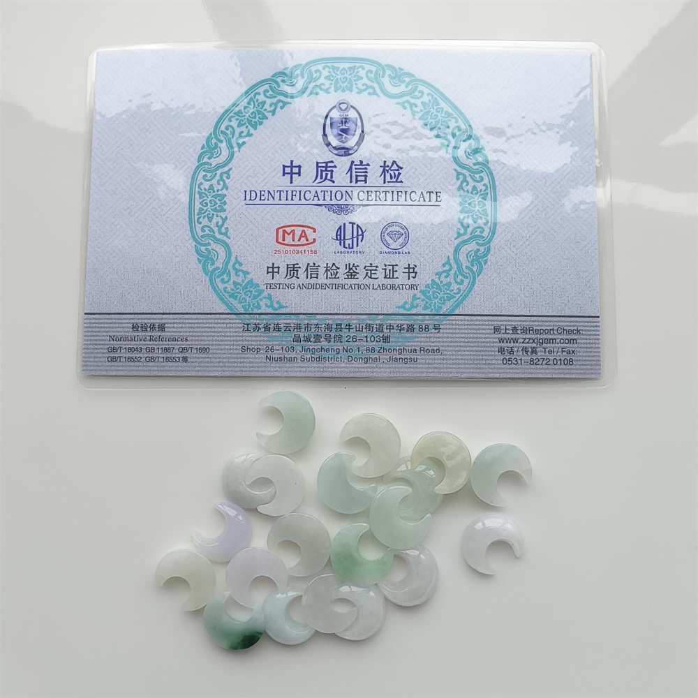 DDP 5pcs 13mm Natural Certificated Type A Green White Burmese Jadeite Moon Beads