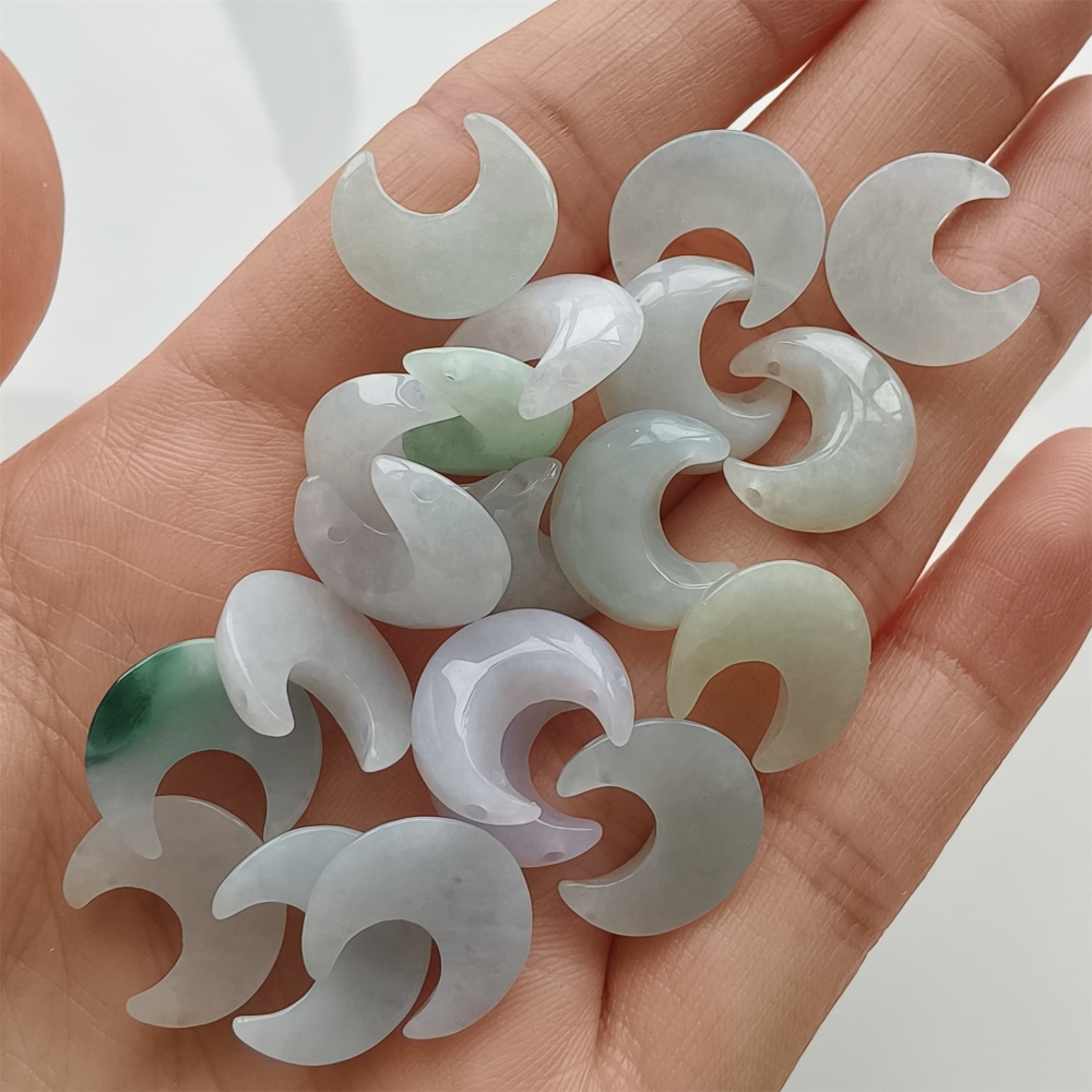 DDP 5pcs 13mm Natural Certificated Type A Green White Burmese Jadeite Moon Beads