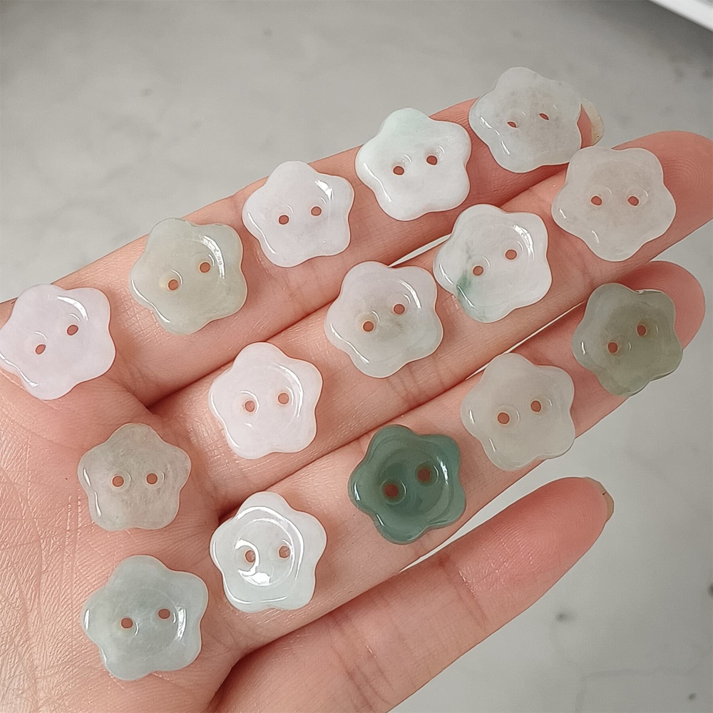 DDP 5pcs 13mm Natural Certificated Type A Green White Burmese Jadeite Flower Button Beads