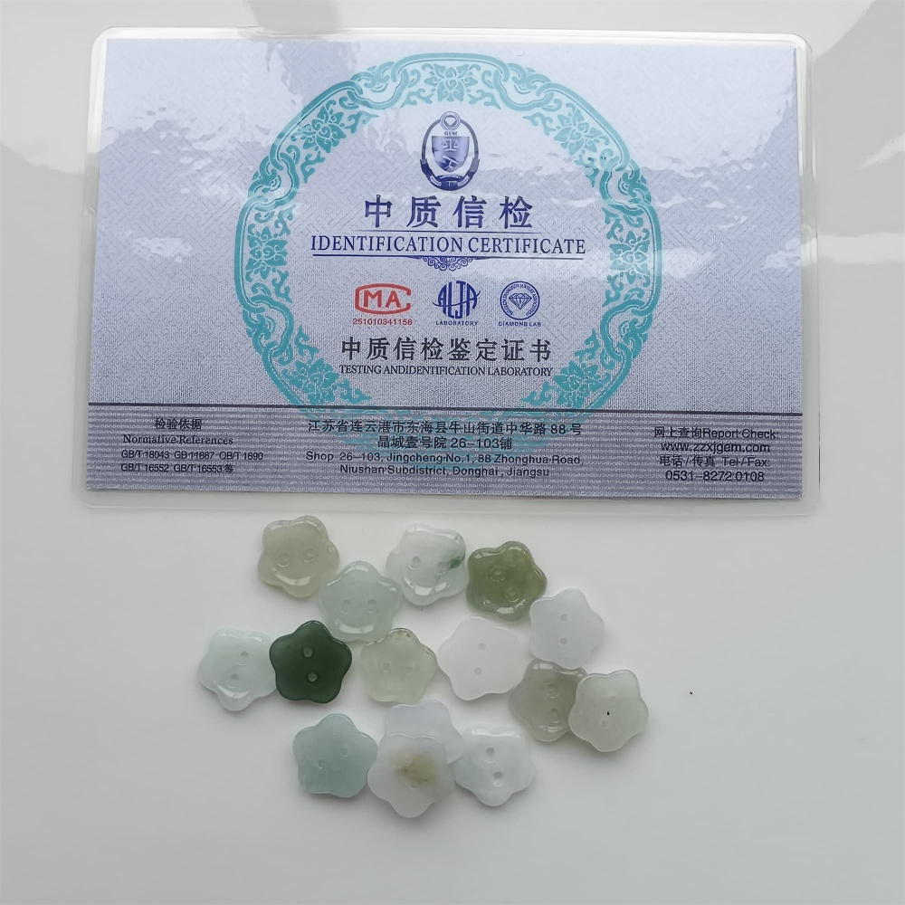 DDP 5pcs 13mm Natural Certificated Type A Green White Burmese Jadeite Flower Button Beads