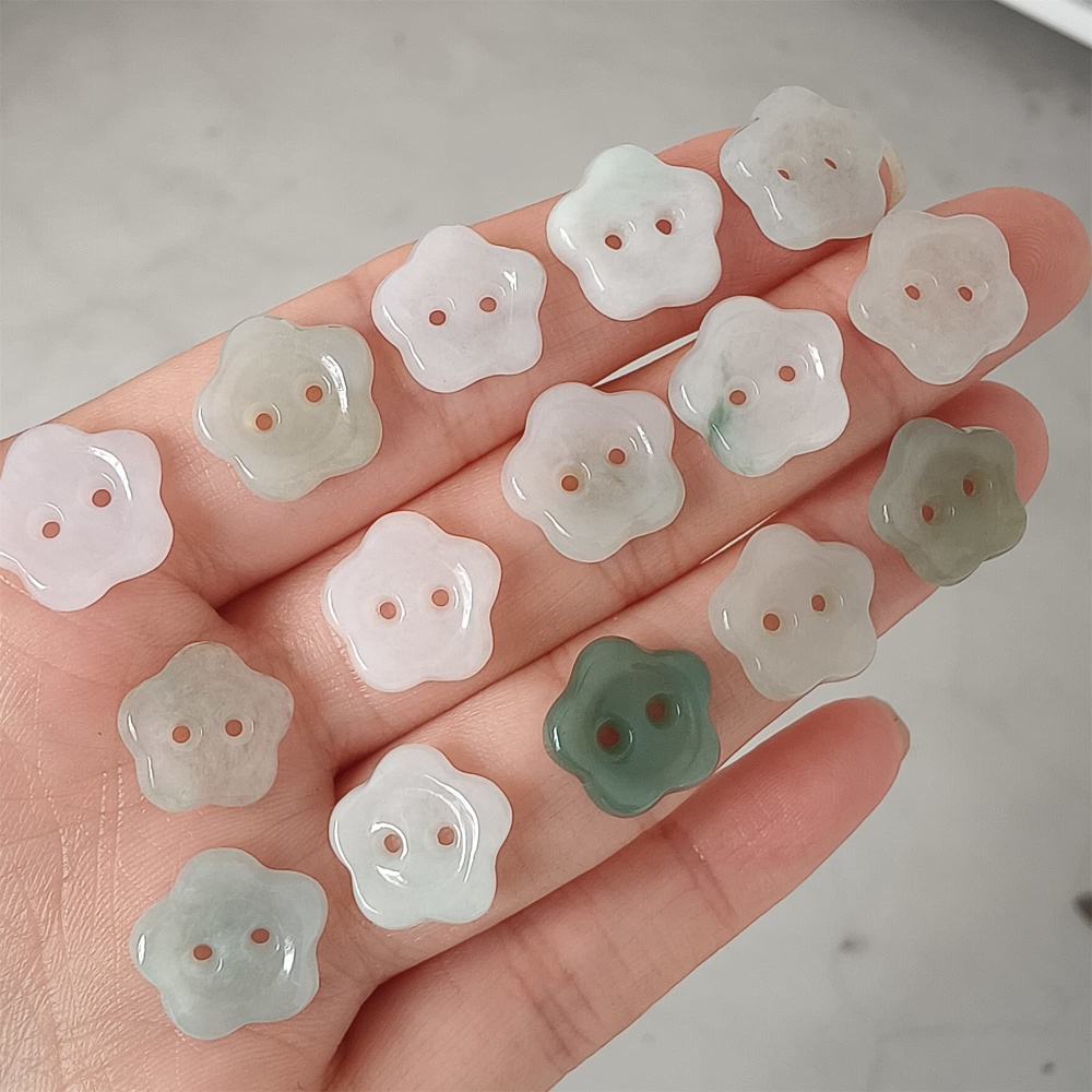DDP 5pcs 13mm Natural Certificated Type A Green White Burmese Jadeite Flower Button Beads