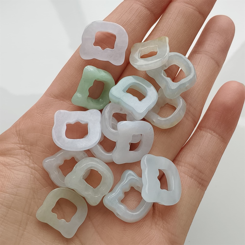 DDP 5pcs 12.5-15.5mm Natural Certificated Type A Green White Burmese Jadeite Cat Beads