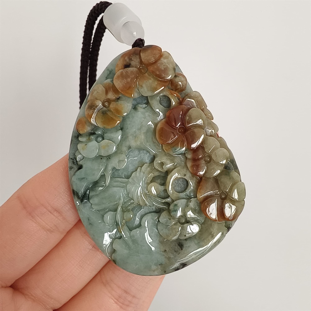 DDP 57mm Natural Certificated Type A Brown Green Burmese Jadeite Flower Pendant
