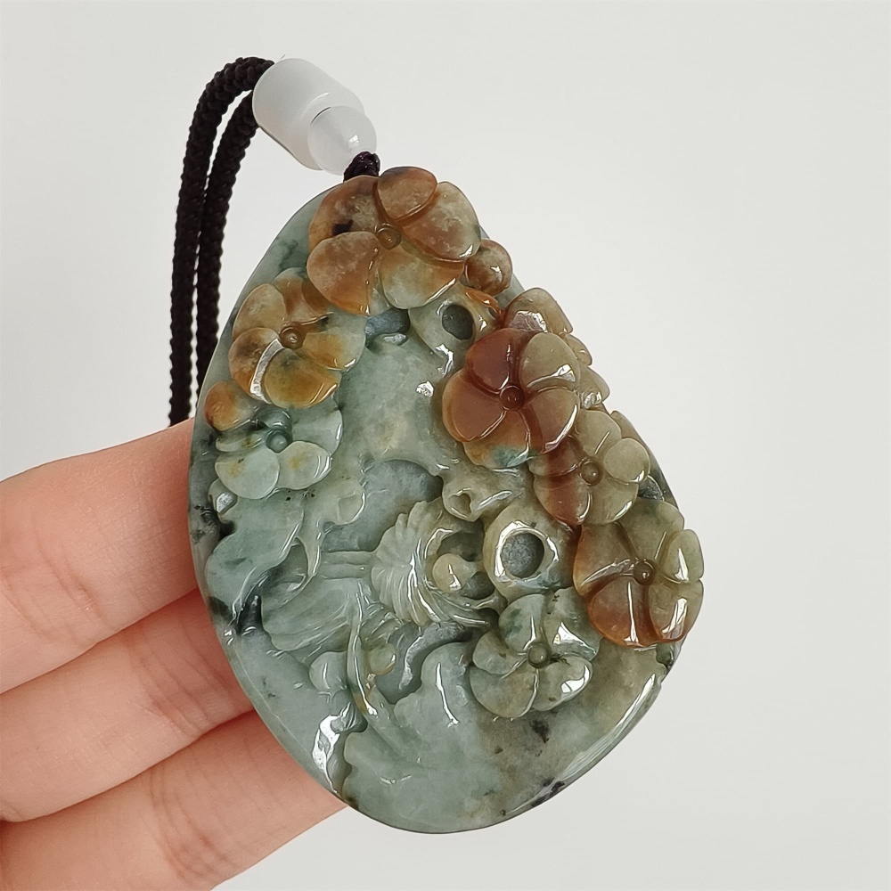 DDP 57mm Natural Certificated Type A Brown Green Burmese Jadeite Flower Pendant