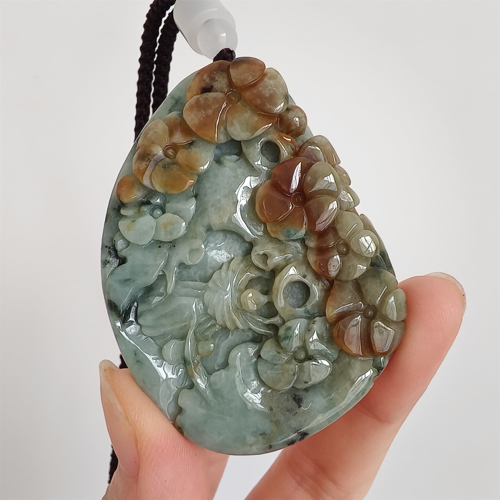 DDP 57mm Natural Certificated Type A Brown Green Burmese Jadeite Flower Pendant