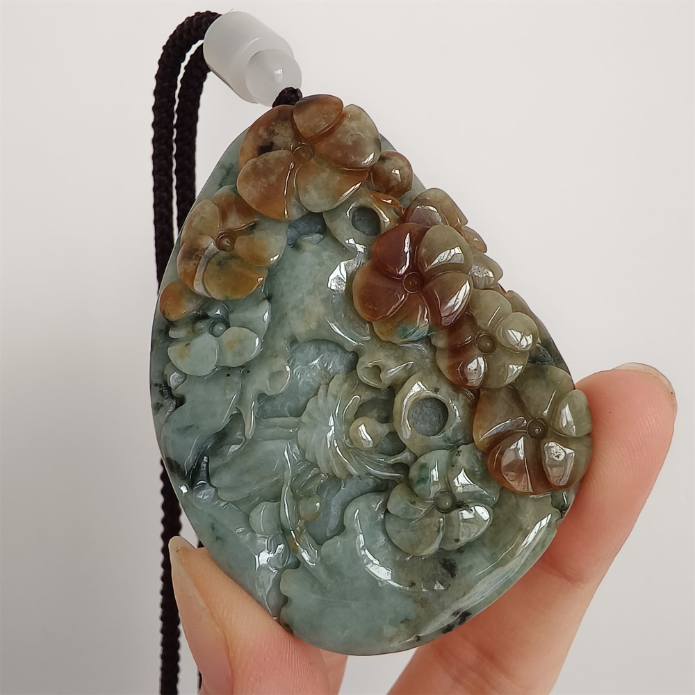 DDP 57mm Natural Certificated Type A Brown Green Burmese Jadeite Flower Pendant