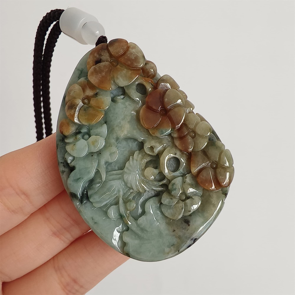 DDP 57mm Natural Certificated Type A Brown Green Burmese Jadeite Flower Pendant