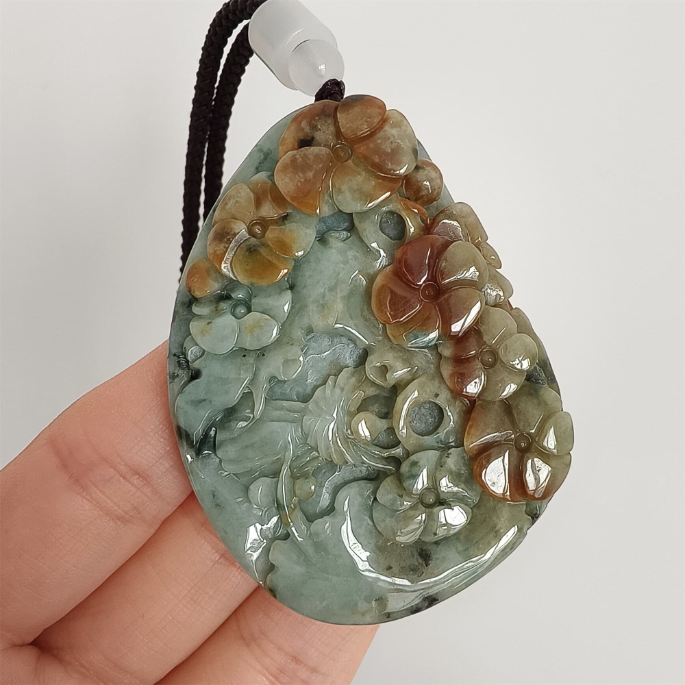 DDP 57mm Natural Certificated Type A Brown Green Burmese Jadeite Flower Pendant