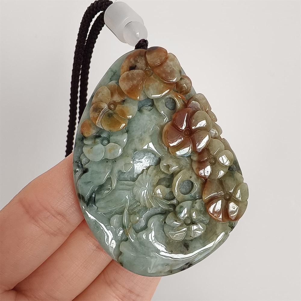 DDP 57mm Natural Certificated Type A Brown Green Burmese Jadeite Flower Pendant