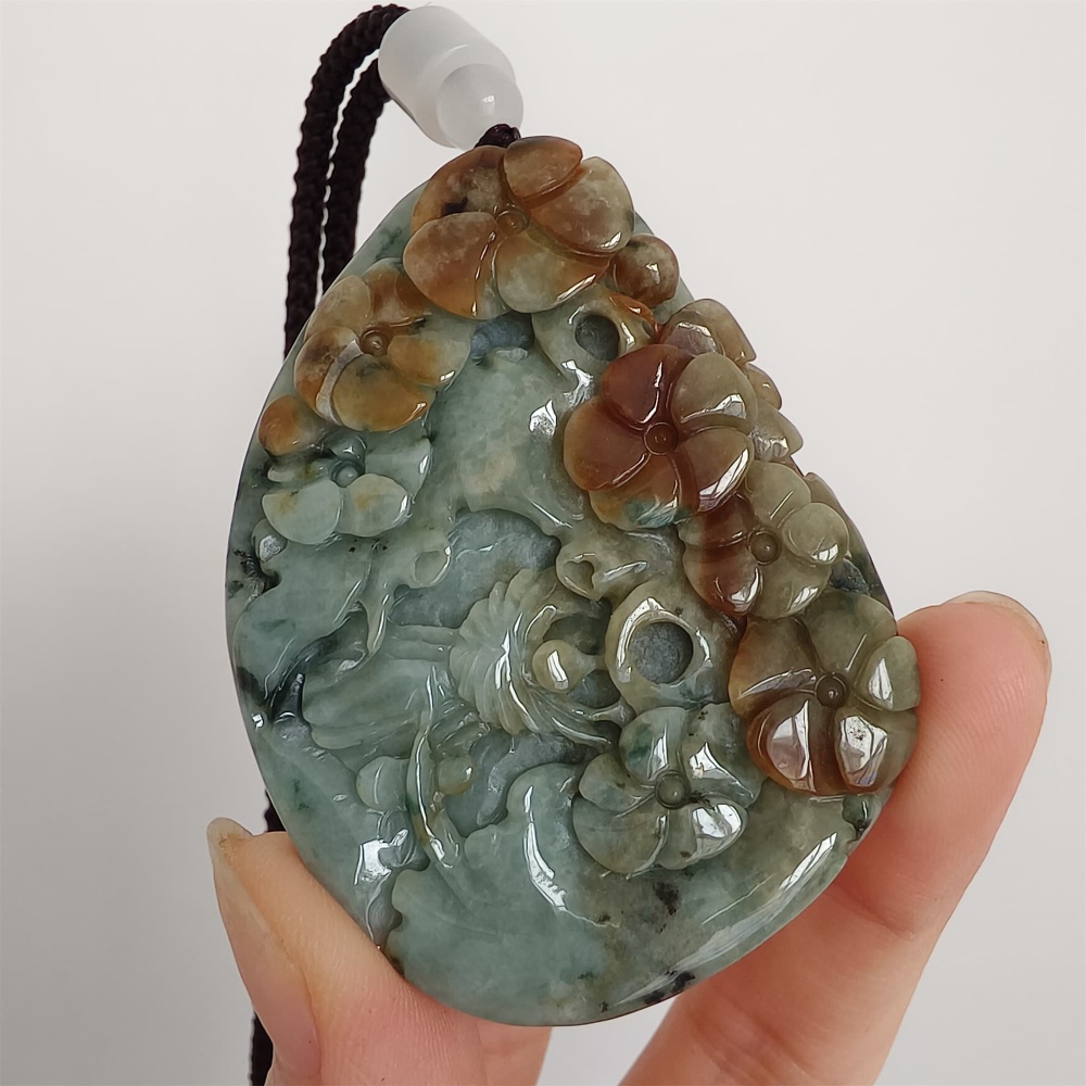 DDP 57mm Natural Certificated Type A Brown Green Burmese Jadeite Flower Pendant