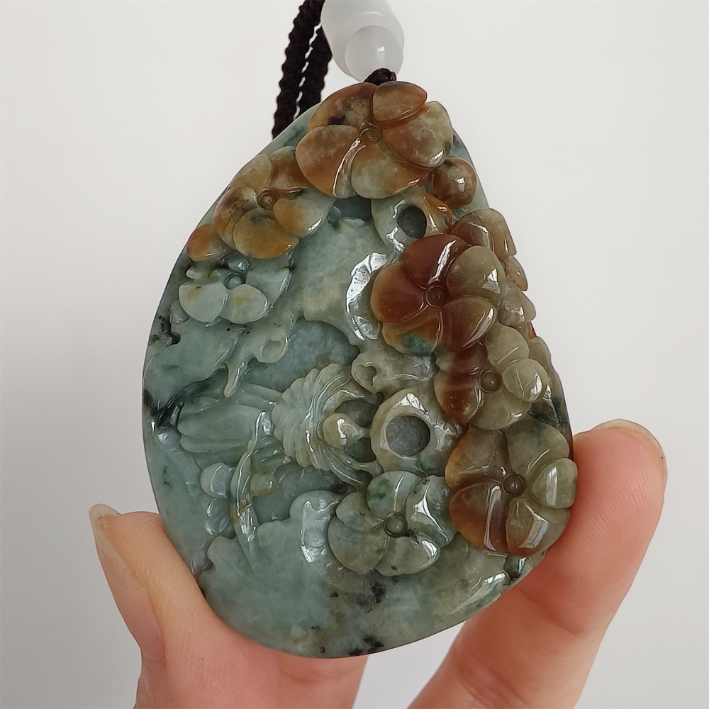 DDP 57mm Natural Certificated Type A Brown Green Burmese Jadeite Flower Pendant