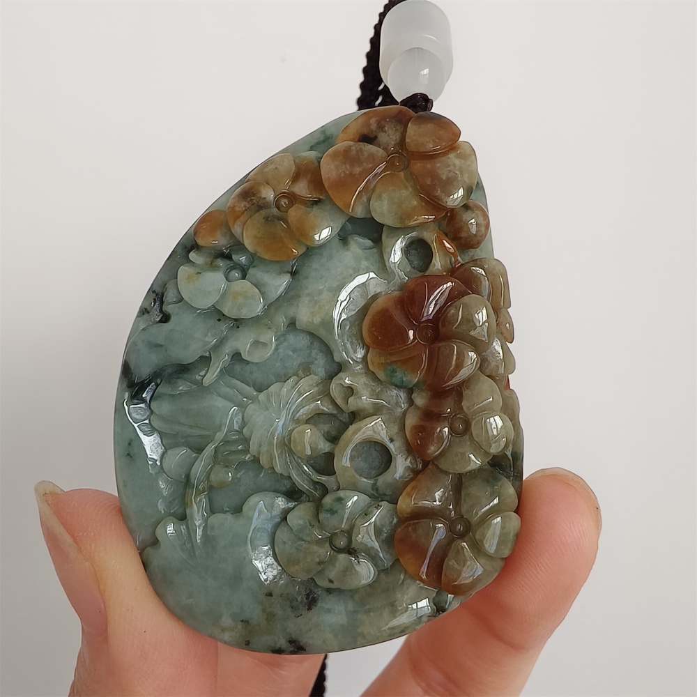 DDP 57mm Natural Certificated Type A Brown Green Burmese Jadeite Flower Pendant