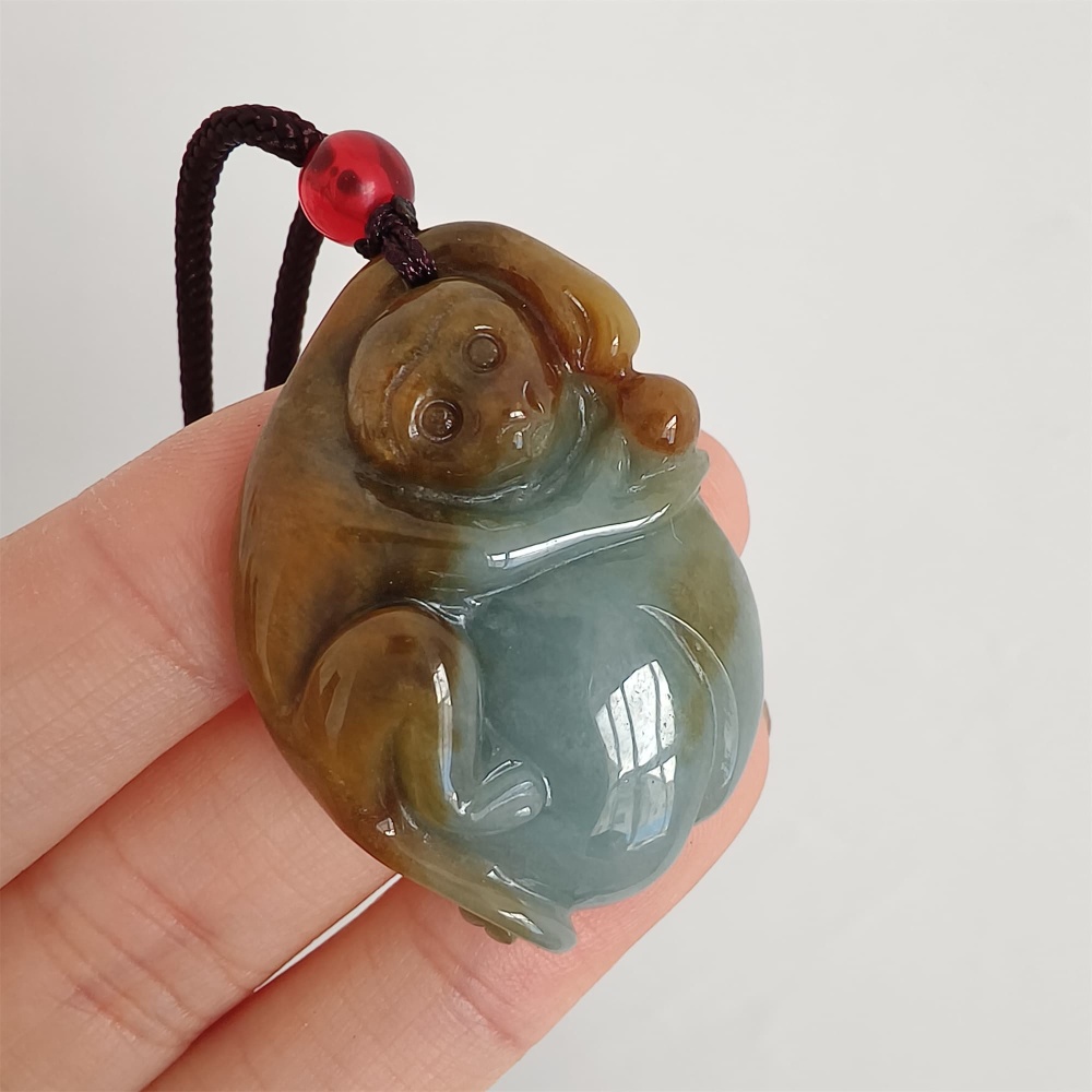 DDP 37mm Natural Certificated Type A Brown Blue Burmese Jadeite Monkey Pendant