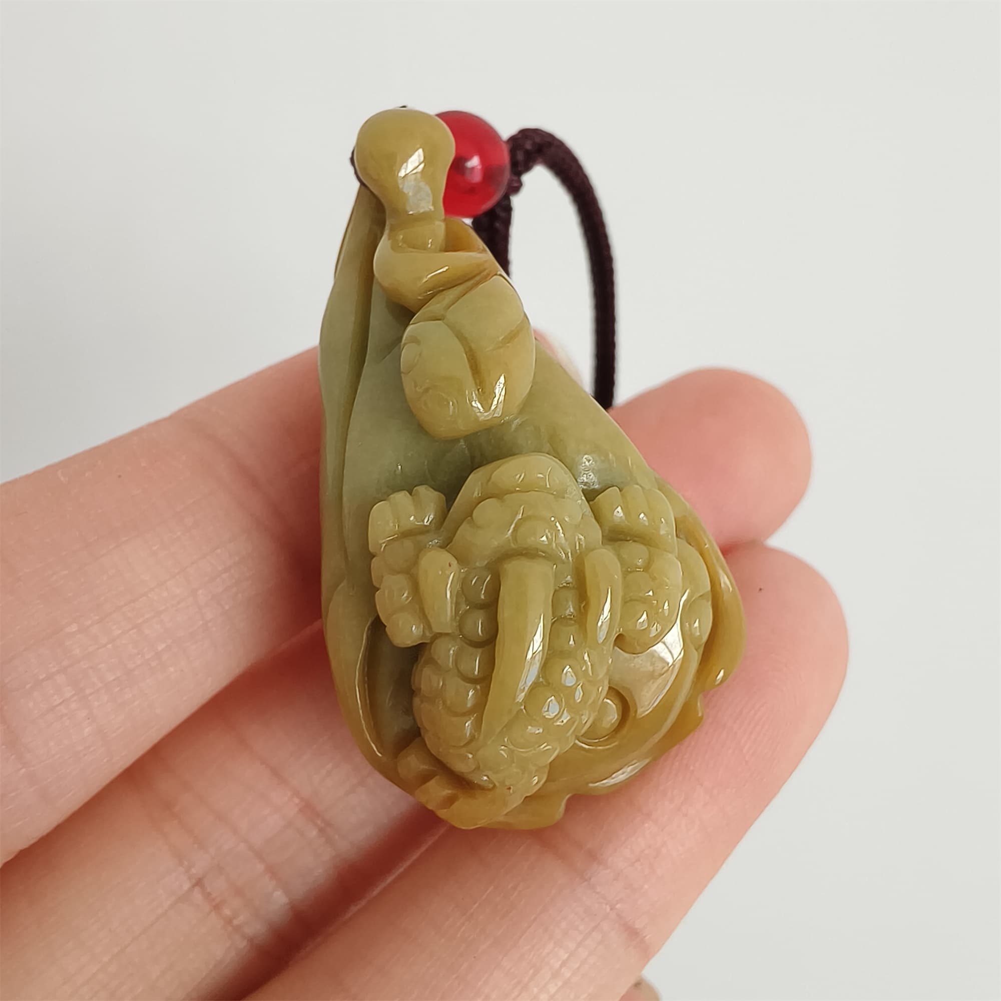 DDP 36.5mm Natural Certificated Yellow Burmese Jadeite Lotus Pod Pendant With Frog Carved